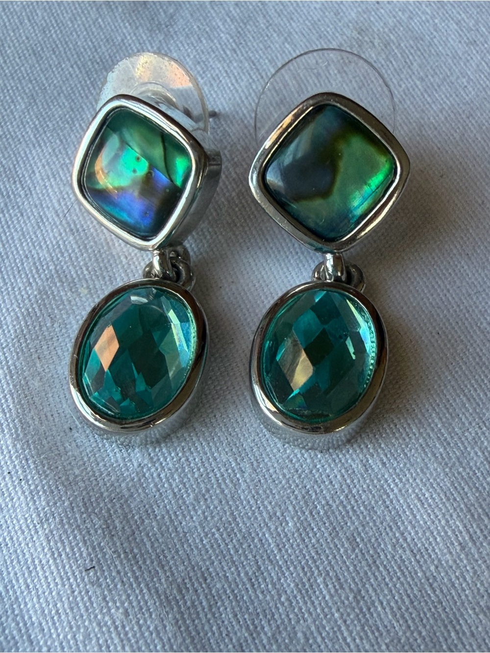 Green Abalone Shell Aqua Crystal Silver Tone Drop Earrings